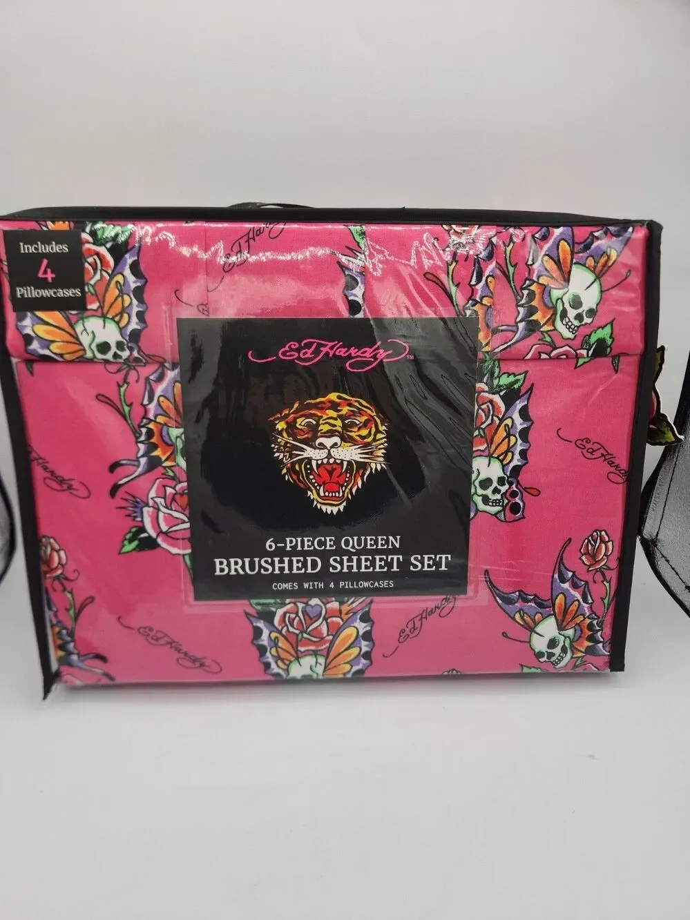 Ed Hardy Pink with Skull Butterflies & Roses 6pc QUEEN Sheet Set w/4 Pillowcases